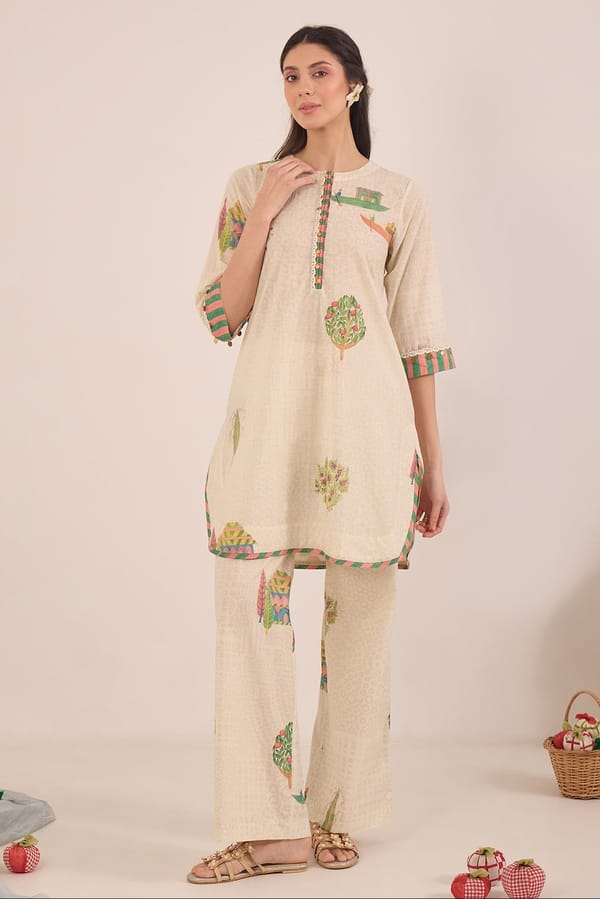 Neutral Printed Cotton Kurta and Wide-Leg Pants Co-ord Set — SHIVANI BHARGAVA