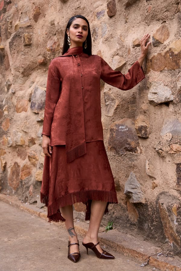 Umber Jacquard Fringe Scarf-Neck Shirt — Dash and Dot