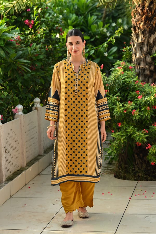 Mustard Blue Polka Dot Block Print Muslin Set — MAHEE JAIPUR