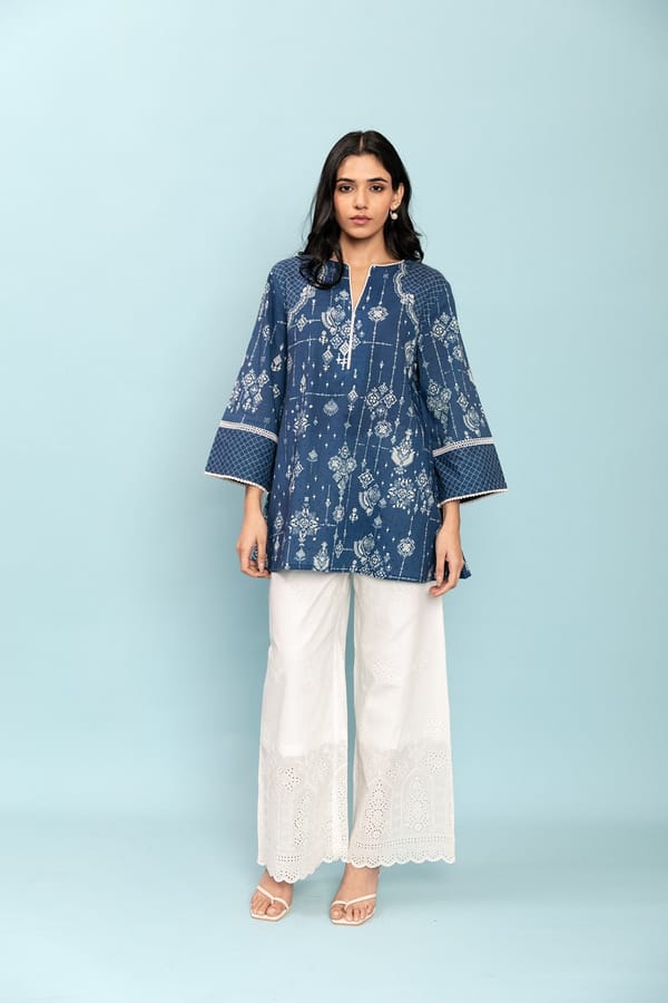 Blue Geometric Cotton Dobby Flared Tunic — LABEL NAARITI