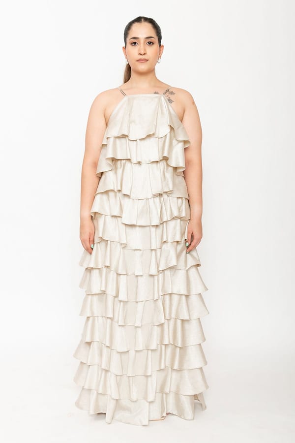 Cream Chevron Satin Tiered Ruffle Maxi Dress — Contemponari