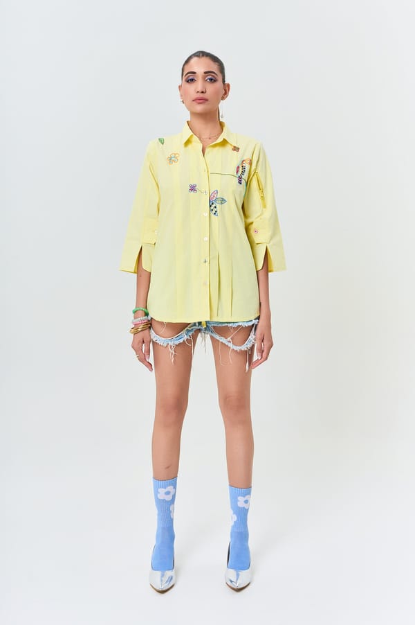 Lemon Yellow Cotton Embroidered Relaxed Fit Shirt — KOR