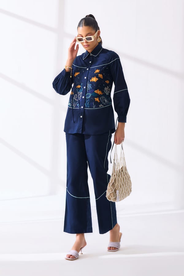 Navy Cotton Poplin Embroidered Shirt and Culottes Co-ord Set — Our Love