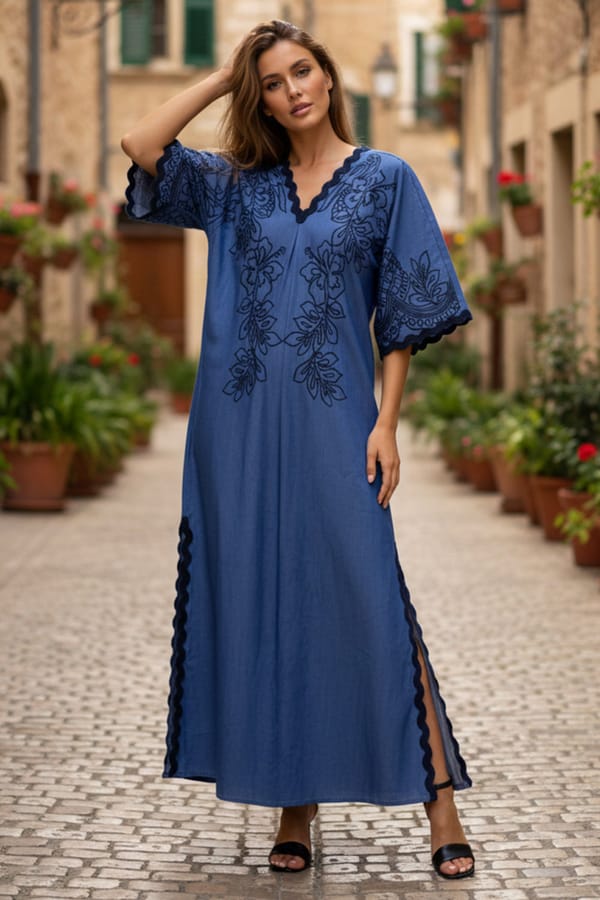 Blue Denim Maxi Kaftan with Embroidery and Lace Trim — BOHO-CHIC