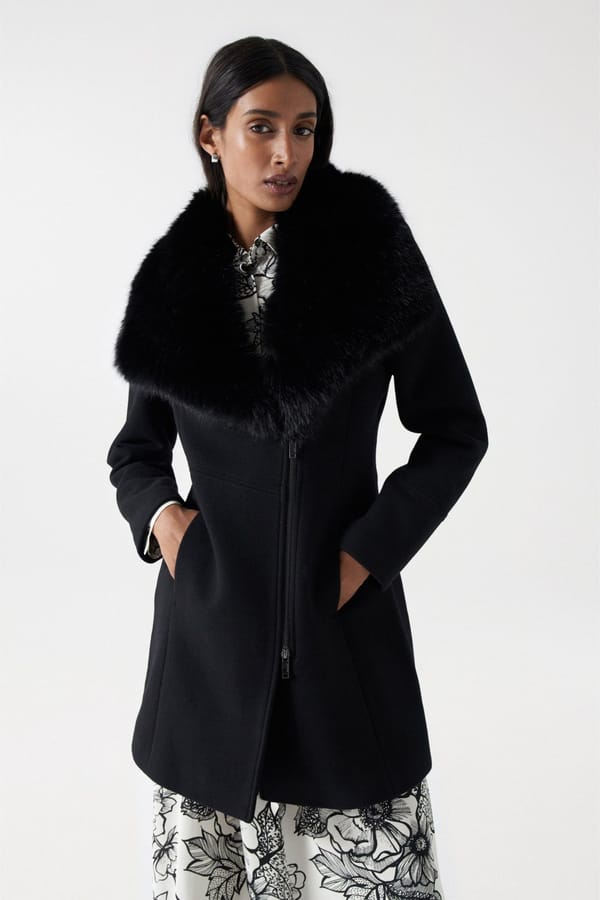Black Wool-Blend Tailored Coat with Detachable Fur Collar — SALSA JEANS