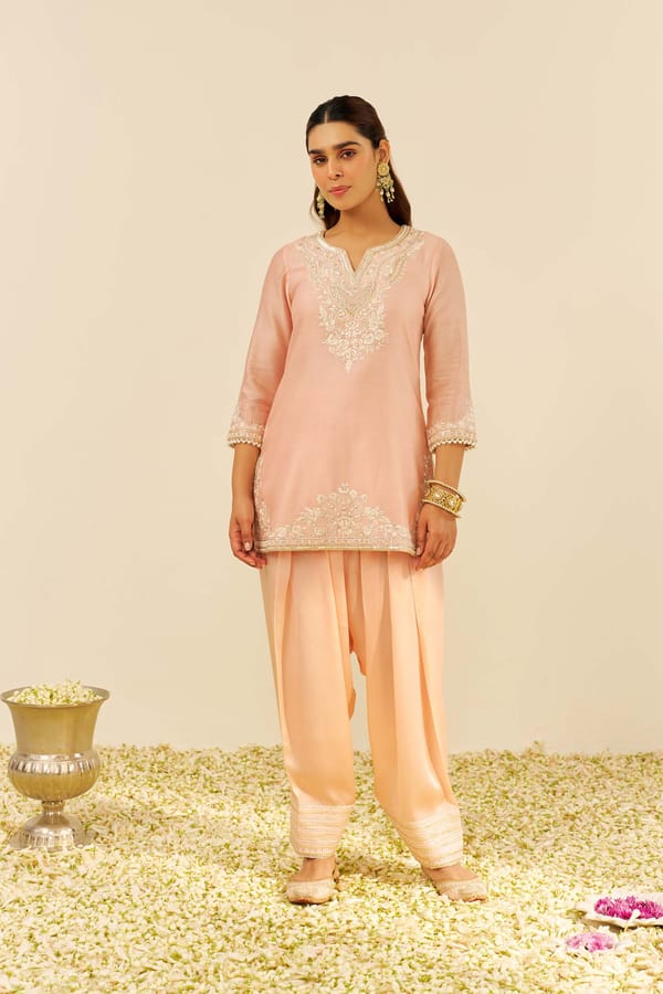Off Rose Chanderi Silk A-Line Short Kurta Set with Salwar — Sheetal Batra