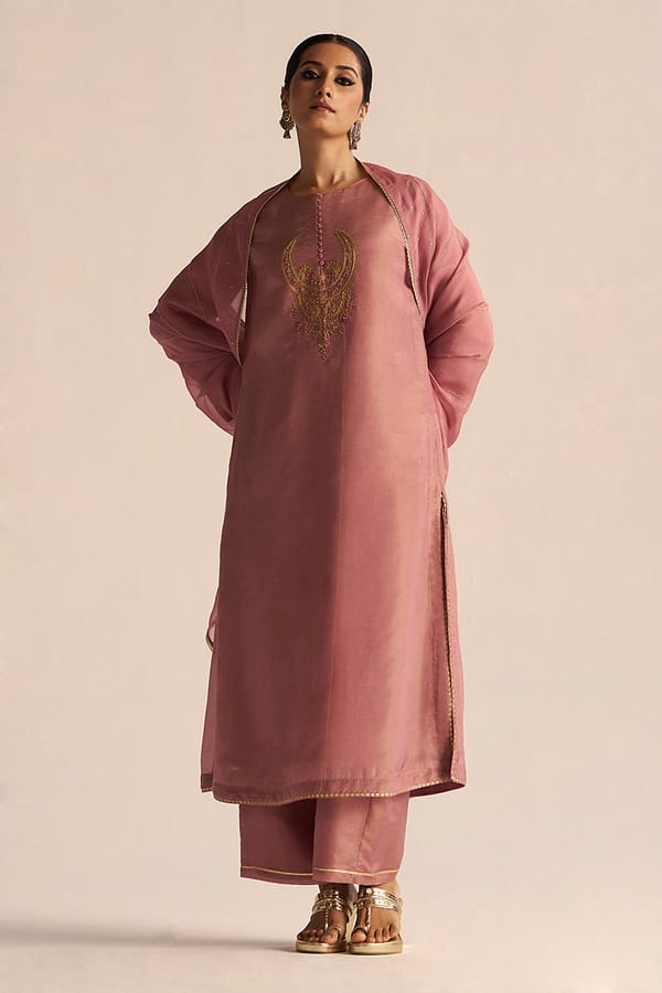 Pink Tissue Silk Kurta Set with Embroidered Neckline — Ganga Fashions Pvt Ltd