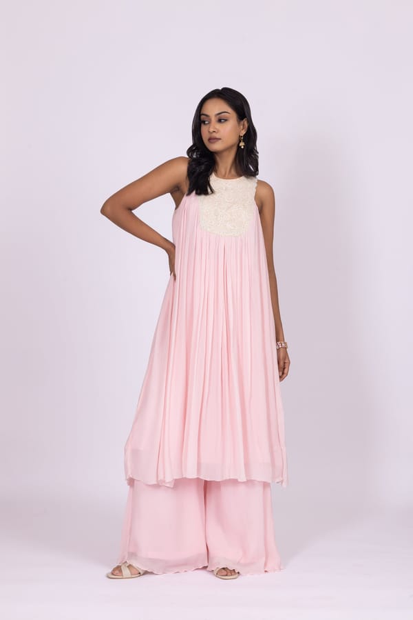 Baby Pink Halter Neck A-Line Kurta Set with Palazzo — LABEL NAARITI