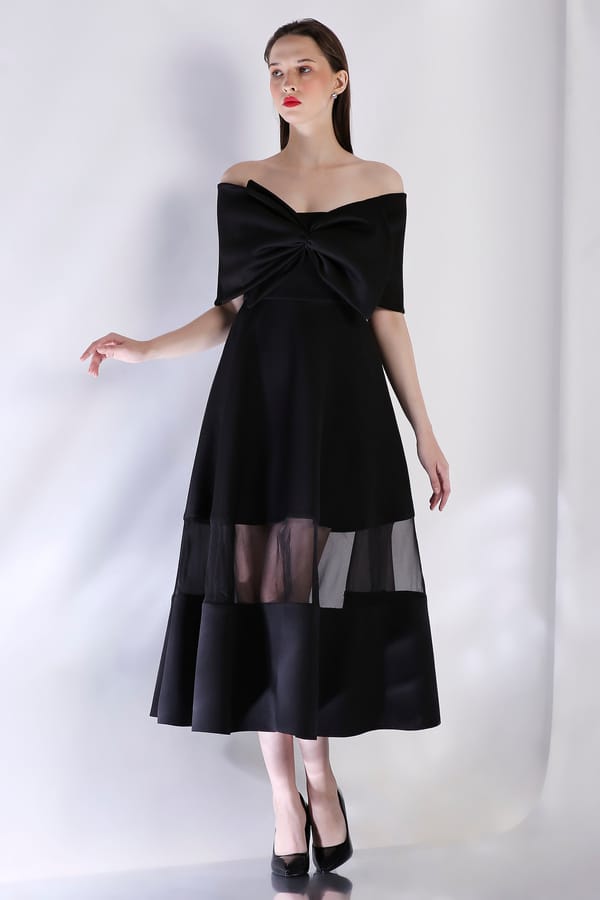 Black Off-Shoulder Bow Detail Midi Dress — OZEQO