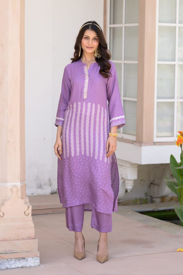 Lavender Bandhani Muslin Kurta Set-SET OF-2 — MAHEE JAIPUR
