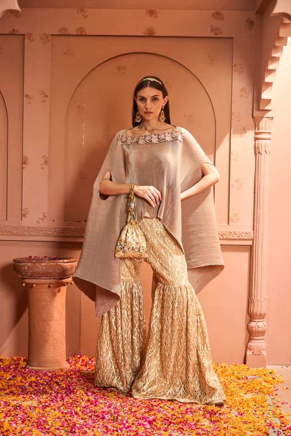 Nude Pleated Cape and Brocade Sharara Co-ord Set — TASUVURE