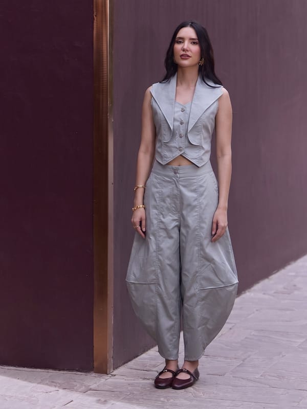 Grey Cotton Poplin Waistcoat and Dhoti Pants Co-ord Set — HOUSE OF FETT