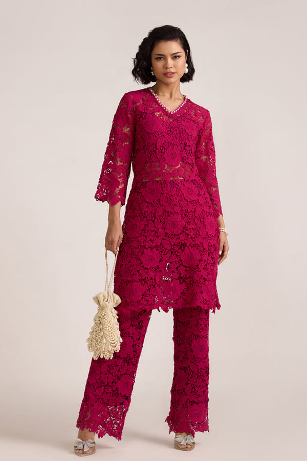 Hot Pink Sheer Lace Flared Trousers — AVERIE