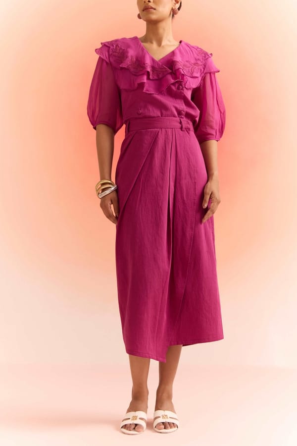 Wine Wrap-Draped Midi Skirt in Cotton Satin — WESTERNERA