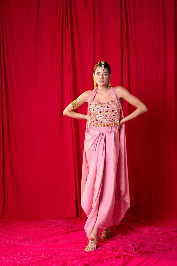 Moose Pink Mirror-Work Bralet and Draped Skirt Co-ord Set — EnEch