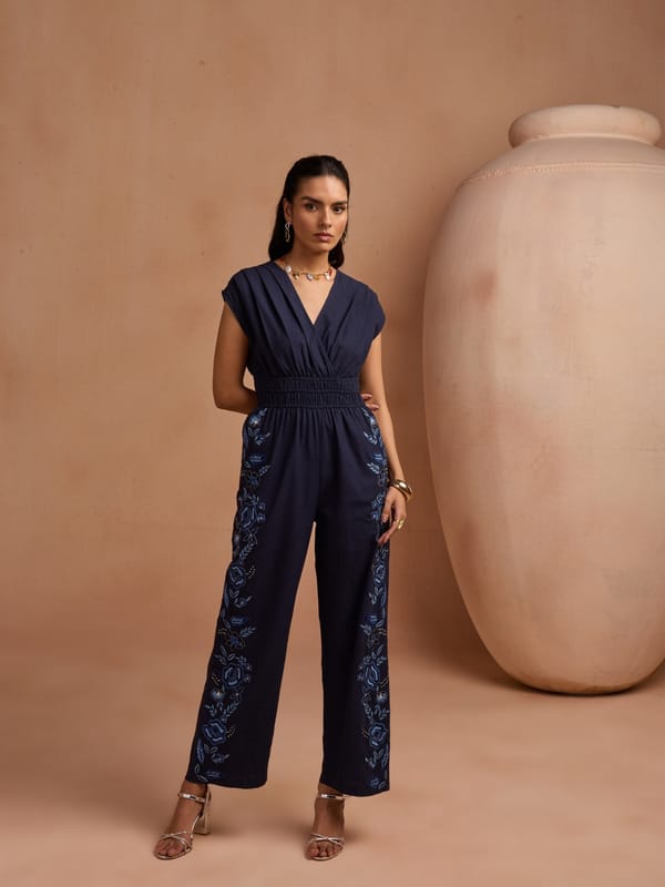 Blue V-Neck Smocked Waist Embroidered Jumpsuit — Style Island