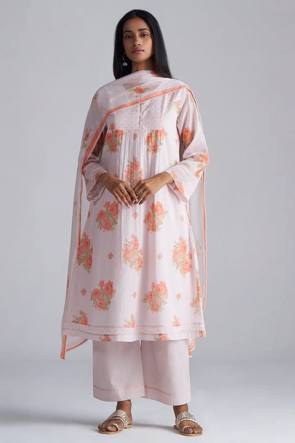 Shell and Melon Floral Mul-Mul Kurta Set with Dupatta — Ganga Fashions Pvt Ltd