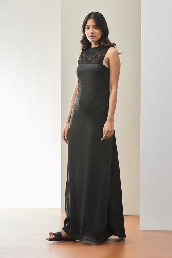 Black Lace Yoke High Neck Maxi Dress — Genes Lecoanet Hemant