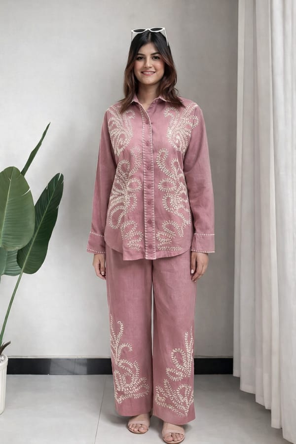 Blush Pink Embroidered Shirt and Wide-Leg Co-ord Set — Younglings