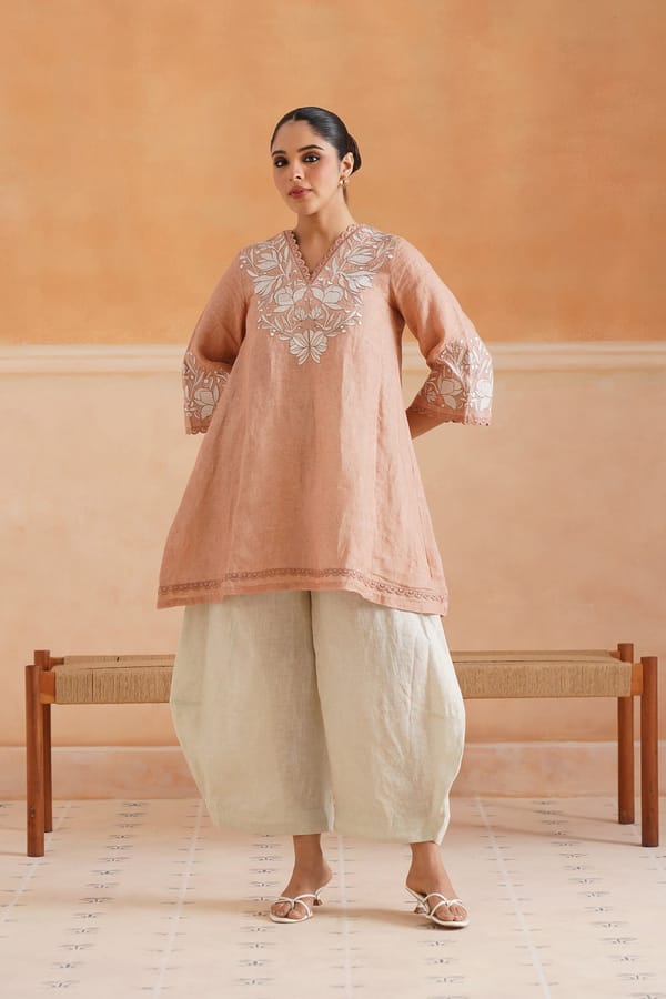 Peach Linen Embroidered Kurta and Ivory Pants Co-ord Set — NEETIKA CHOPRA