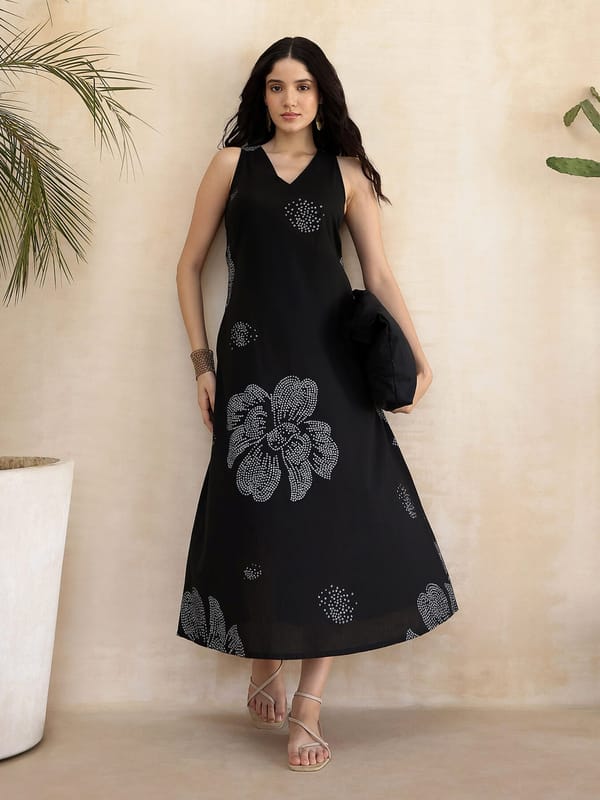 Black Cotton Bandhani Floral A-Line Midi Dress — Pink Fort