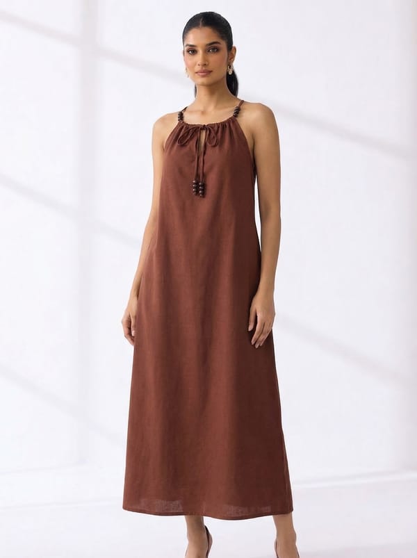 Brown Cotton Midi Slip Dress with Tie Neck — EFIL