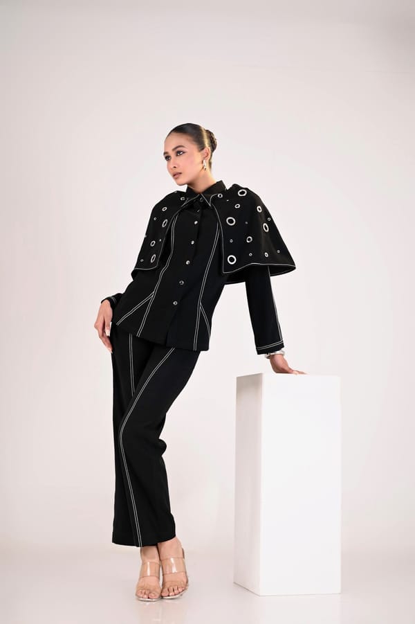 Black Straight-Leg Tailored Trousers with Contrast Stitch — Veera Wear