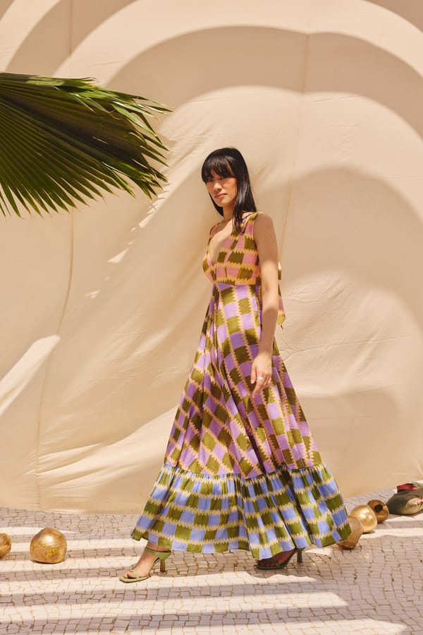 Multicolor Checked Cotton Linen Tiered Maxi Dress — Zip by Payal Zinal