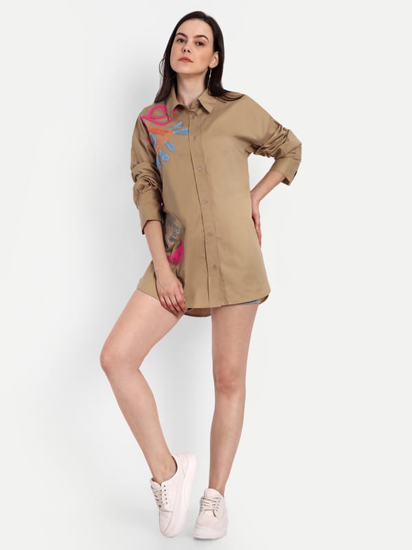 Coffee Brown Oversized Embroidered Longline Shirt — Brand New Brand