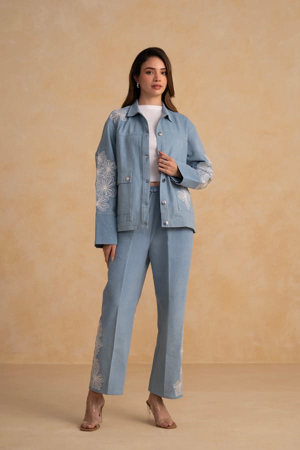 Sky Blue Denim Embroidered Jacket and Pants Co-ord Set — Armoire
