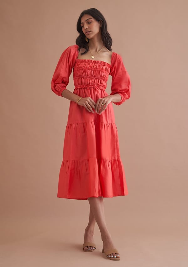 Vermilion Cotton Smocked Tiered Midi Dress — AMOSHI
