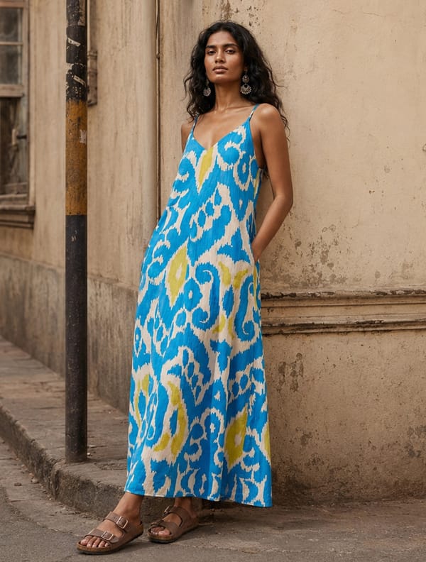 Blue Ikat Print Cotton Mul Strappy Maxi Dress — Truebrowns