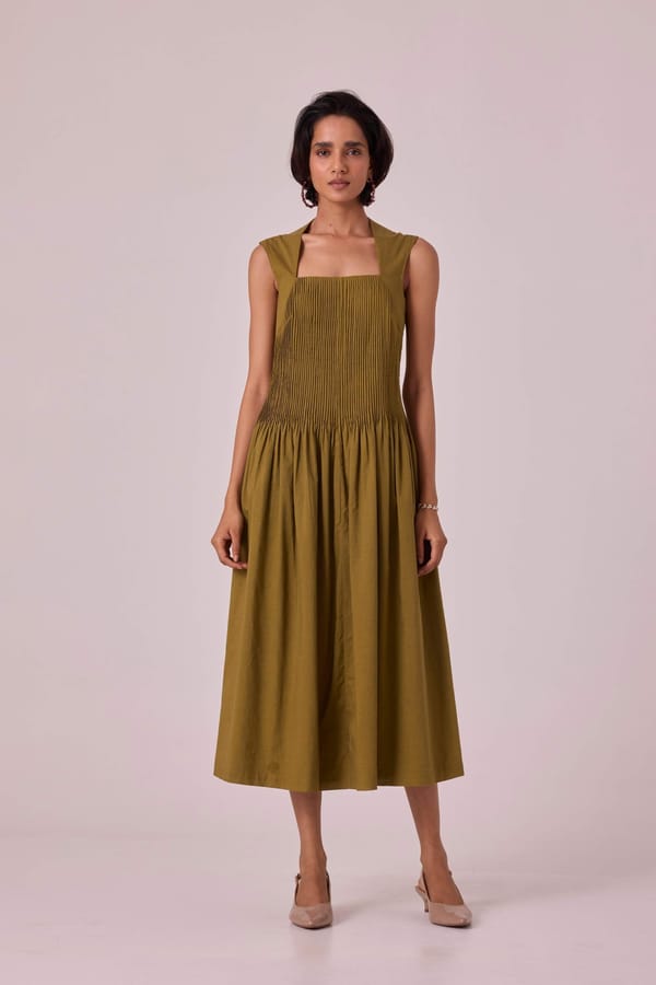 Olive Square Neck Pintuck Fit and Flare Midi Dress — The Summer House