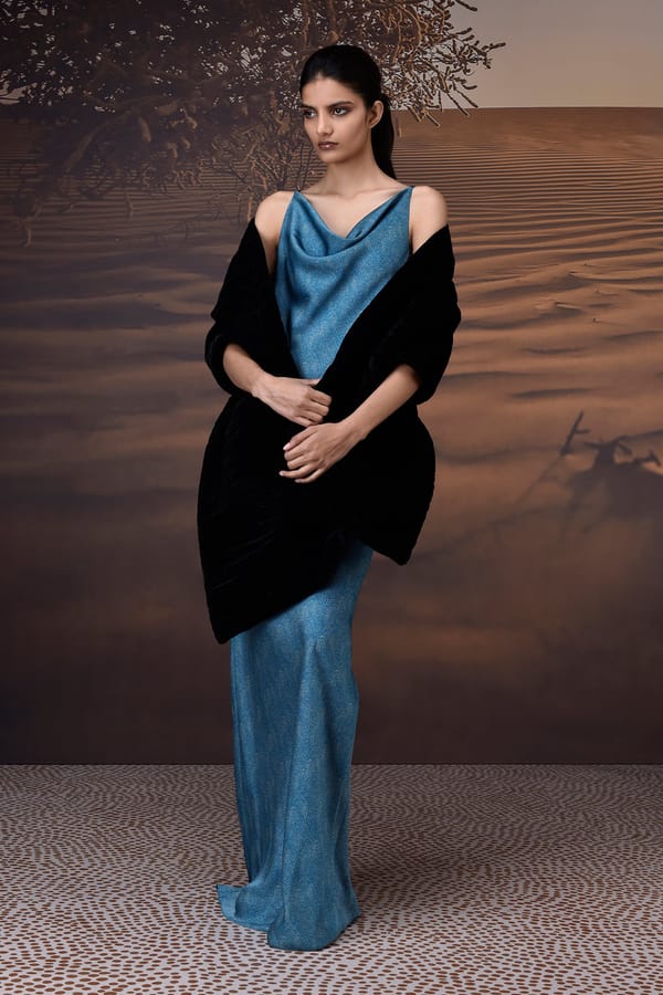 Retro Blue Satin Cowl Neck Maxi Gown — Genes Lecoanet Hemant