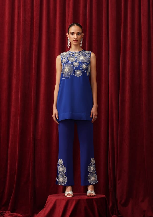 Blue Embellished Tunic and Straight Pants Co-ord Set — AMOSHI