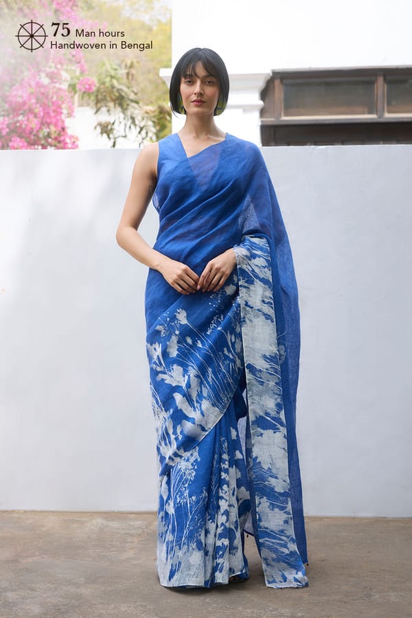 Cobalt Blue Linen Saree with White Floral Pallu Border — Dressfolk