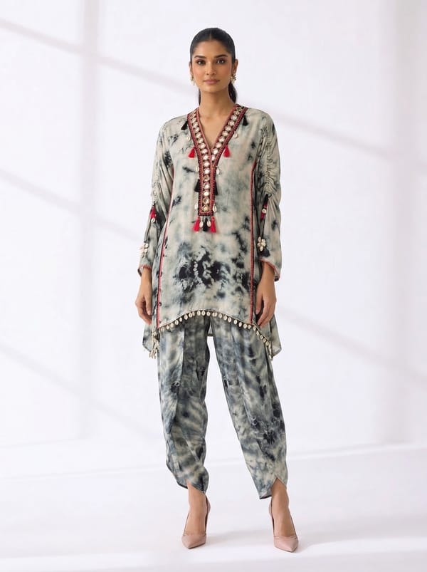 Tie-Dye Kurta Set with Embellished V-Neck — BUMBLEBEE