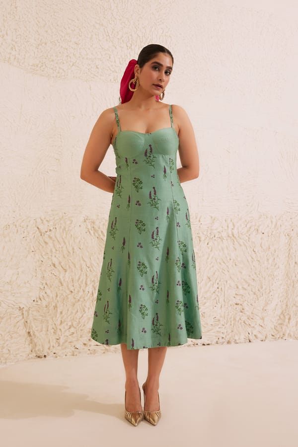 Teal Floral Block Print Chanderi Bustier Midi Dress — Dressfolk
