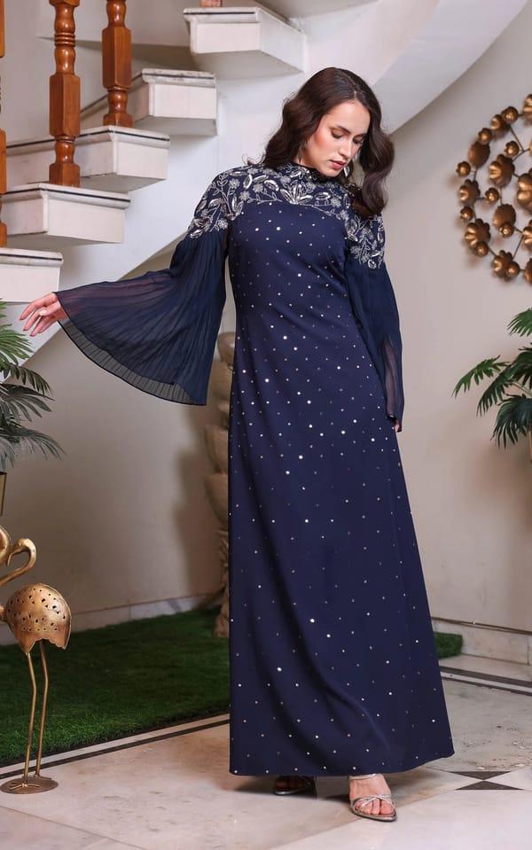 Navy Embroidered Long Gown — EDITION II