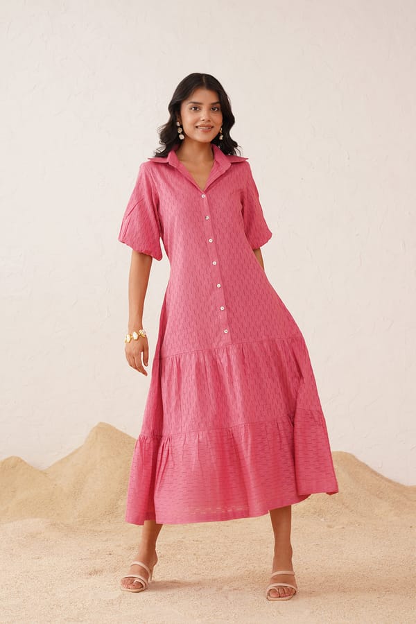 Onion Pink Cotton Dobby Tiered Midi Shirt Dress — INCHING INDIA