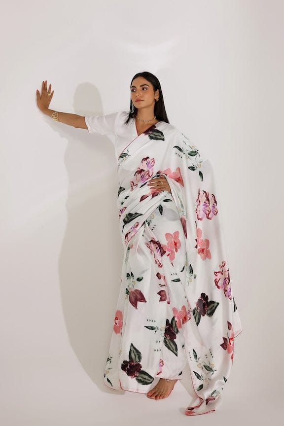 White Floral Printed Georgette Satin Saree — STUDIO SURBHI