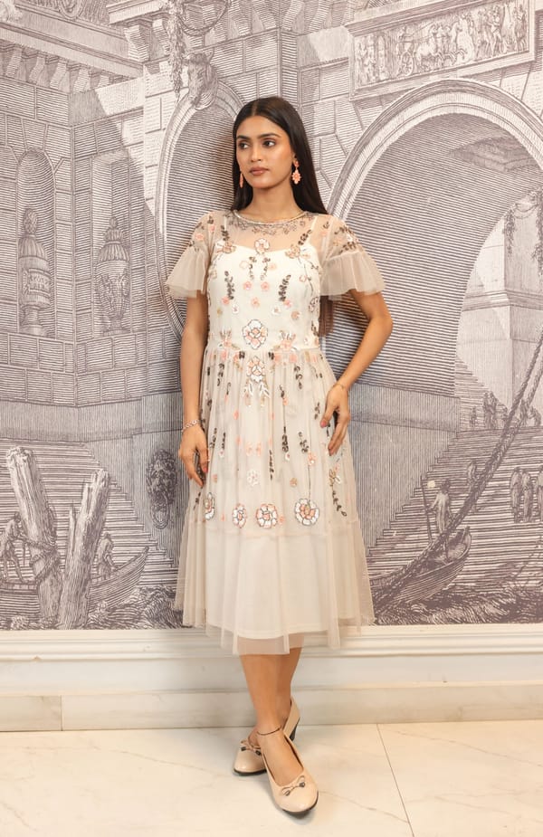 Beige Hand-Embroidered Floral Midi Dress — EDITION II