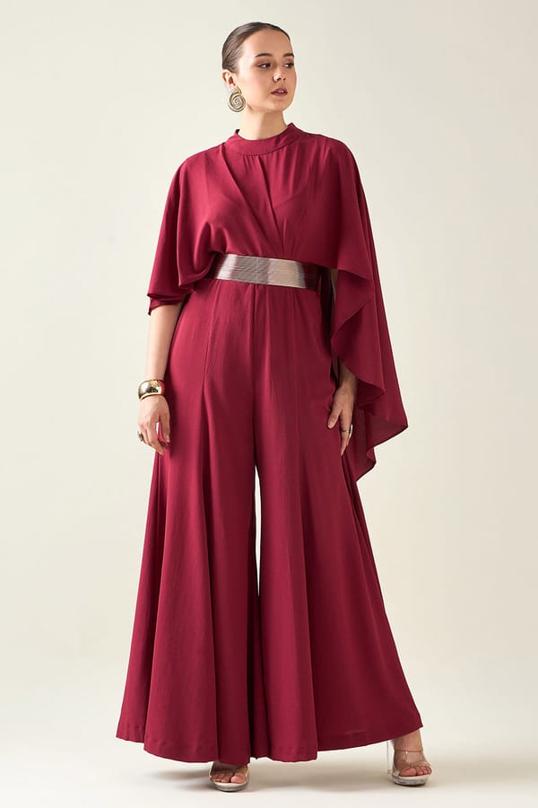 Wine Alloy Jumpsuit With Belt — Aakaar
