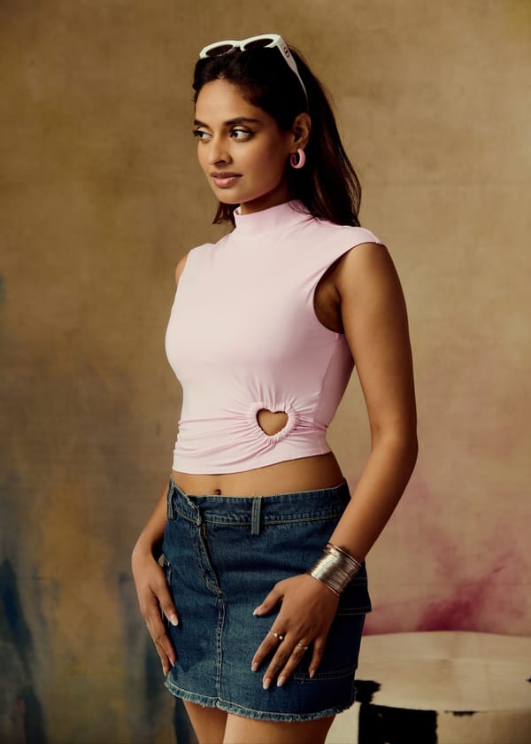 Baby Pink Mock Neck Crop Top with Heart Waist Cut-Out — Lea Clothing