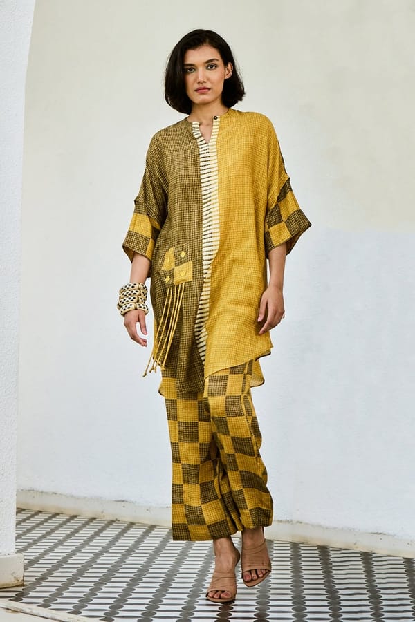 Yellow Colorblocked Tunic and Checked Pants Co-ord Set — Basil Leaf