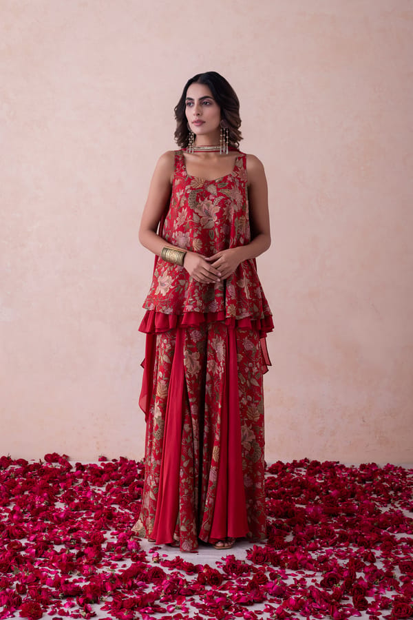 Red Floral Tunic and Sharara Co-ord Set with Dupatta — LABEL NAARITI