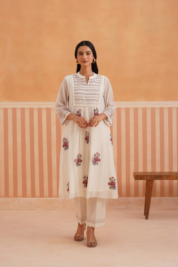 Chanderi Floral Gathered Kurta Set — Omi Clothing