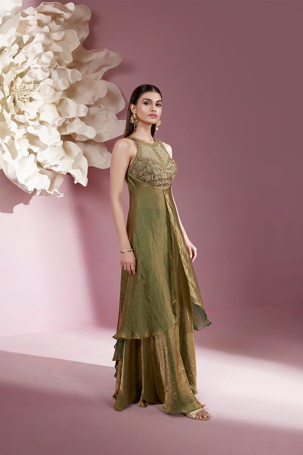 Olive Green Shimmer Tissue Halter-Neck Kurta Set with Palazzo — QUNIC