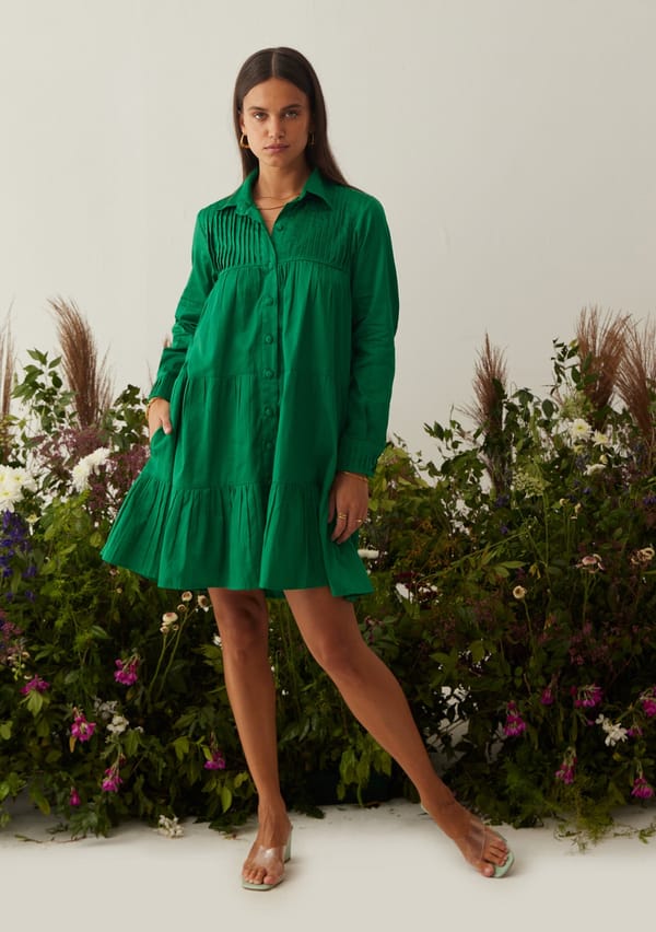 Green Tiered Button-Down Mini Shirt Dress — AMOSHI