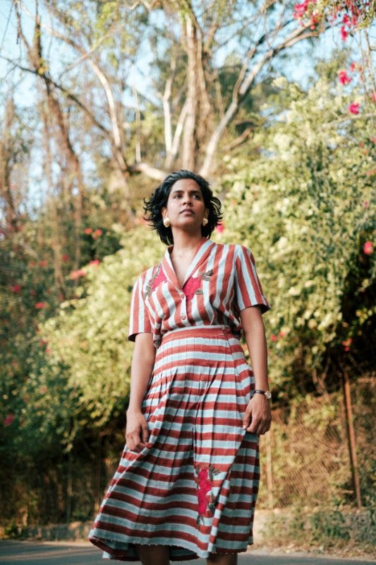 Red and White Striped Pleated Midi Skirt — JODI
